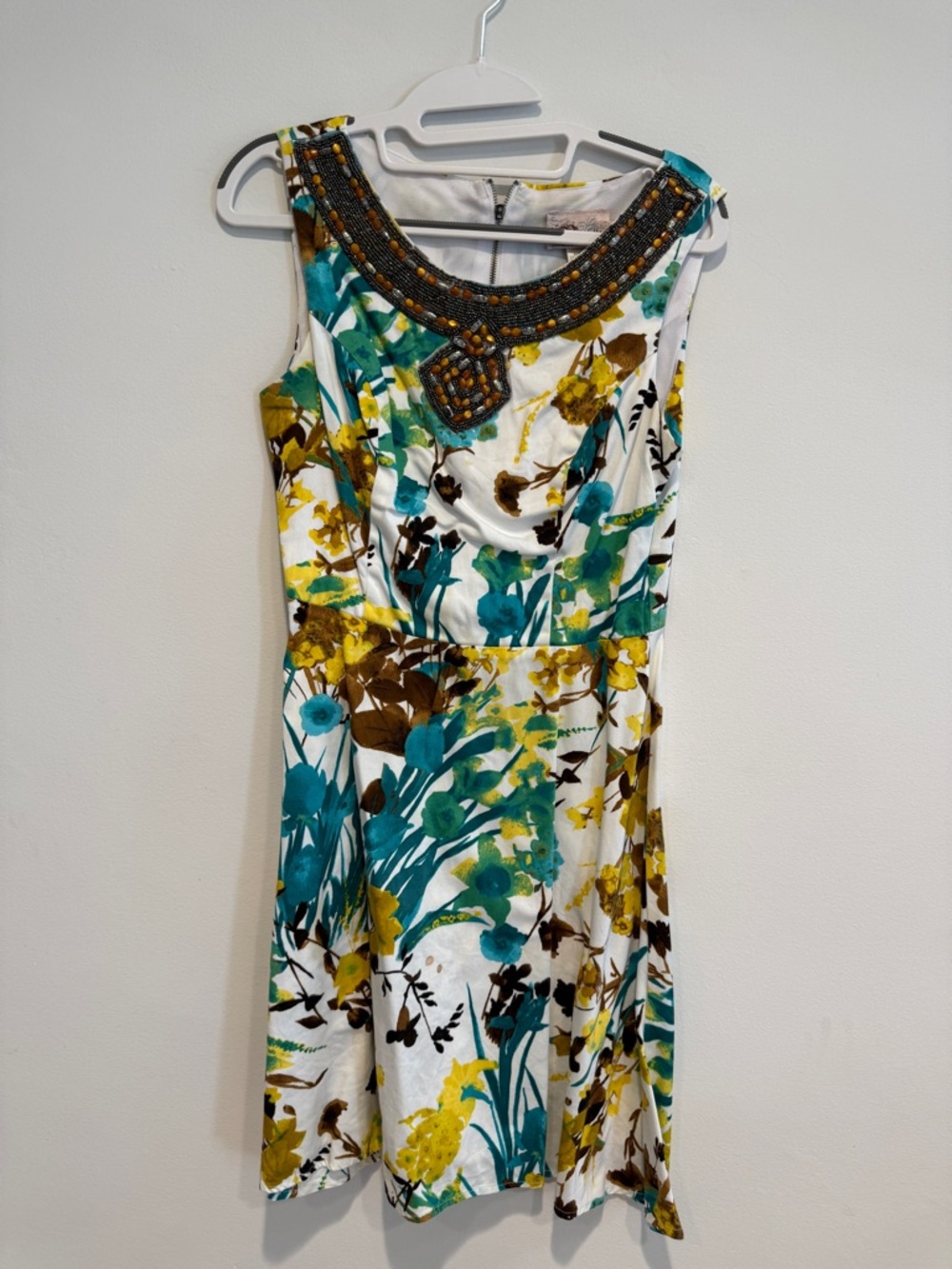 Roulette Floral Beaded Neckline Mini Dress in Teal, Yellow & Brown